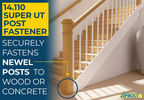 Super UT Newel Post Fastener Bulk Pack For Wrench-Free Staircase Install shown on secured newel post on staircase.