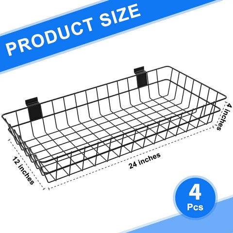 Four Pack Extra Large Slatwall Baskets For PVC Slatwall Panels Hanging Wire Storage Bins 24 By 12 By 4 Inches Ventilated Organizer Bins