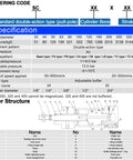 Specifications chart for Industrial Pneumatic Cylinder 63mm Bore, 800mm Stroke, Double Acting, PT3/8 Port, M16x1.5 Piston Port