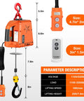 3 In 1 Electric Hoist Winch 2200 Lbs Capacity With Manual, Wired Remote And Wireless Remote Control, dimensions and specs shown