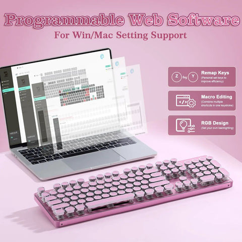 Pink Retro Mechanical Gaming Keyboard Boss Level Design Featuring Classic Typewriter Layout And Solid Steel Chassis beside a laptop showcasing programmable web software