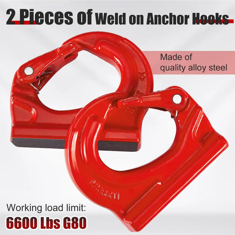 3 Ton Weld On Anchor Hook Set Alloy Steel G80 Built Tough Heavy Duty Lifting Hook For Wrecker Crane Tractor And Rigging 6600 Lbs Working Load 2 Pack Perfect For Slings And Industrial Lifting., 2 red weld-on anchor hooks shown