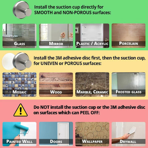 Installation guide for 2-Pack Suction Cup Hooks For Shower And Bathroom No Drilling Towel Holder suitable surfaces and warning areas