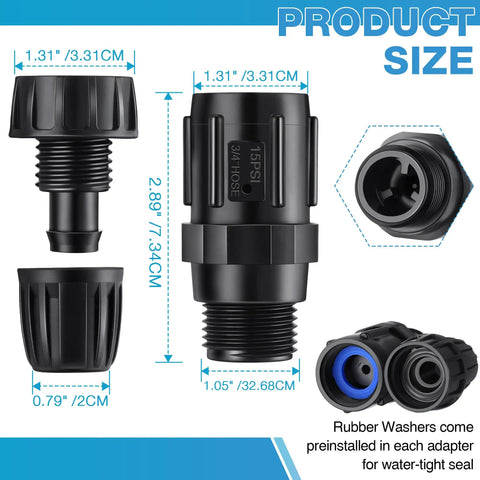 Drip Irrigation Pressure Regulator Kit with 15 PSI Regulators and Faucet Adapters dimension details