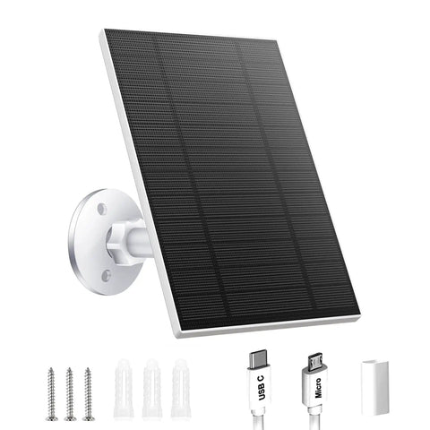5W Outdoor Security Camera Solar Panel With Micro USB And USB C Ports Solar Charger, IP65 weatherproof, 9.8 ft cable and mount
