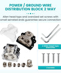 2 Way Car Audio Power And Ground Distribution Block With 0 2 4 Gauge Input And 4 8 Gauge Output For Amplifier Wiring Heavy Duty Ground Splitter For Auto Stereo System Easy Install And Reliable Protection, zinc alloy block with cover and screws