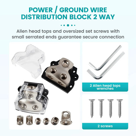 2 Way Car Audio Power And Ground Distribution Block With 0 2 4 Gauge Input And 4 8 Gauge Output For Amplifier Wiring Heavy Duty Ground Splitter For Auto Stereo System Easy Install And Reliable Protection, zinc alloy block with cover and screws