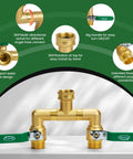 Beast Mode Heavy Duty Brass Garden Hose Splitter With 360 Degree Rotatable Joints Full Flow Large Ball Valve Long Handle Thickened Solid Brass Three Quarter Inch GHT Thread Ideal For Outdoor Faucets Lawn Irrigation And Car Wash, brass 2-way splitter
