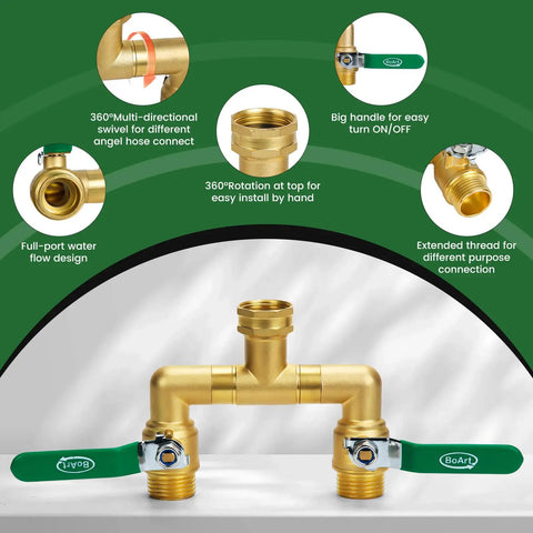 Beast Mode Heavy Duty Brass Garden Hose Splitter With 360 Degree Rotatable Joints Full Flow Large Ball Valve Long Handle Thickened Solid Brass Three Quarter Inch GHT Thread Ideal For Outdoor Faucets Lawn Irrigation And Car Wash, brass 2-way splitter