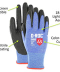 AeroDex 18 Gauge ANSI A5 Cut Resistant Work Gloves With Foam Nitrile Palm Coating, 12 Pairs, Size Large 9, Blue, front and back view