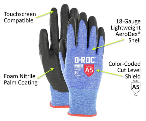 AeroDex 18 Gauge ANSI A5 Cut Resistant Work Gloves With Foam Nitrile Palm Coating, 12 Pairs, Size Large 9, Blue, front and back view