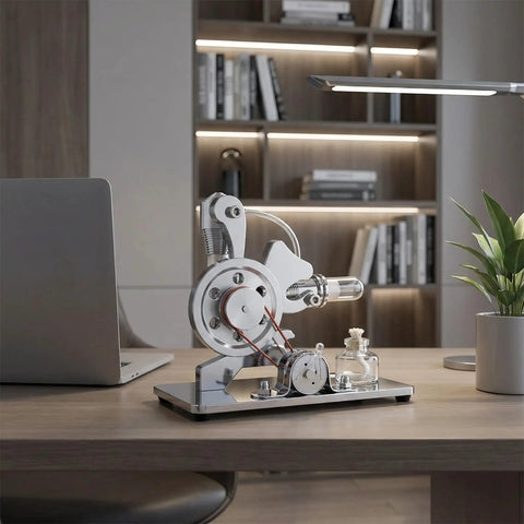 Hot Air Stirling Engine Educational Toy Kit With Multicolor LED Lights And DIY Electricity Generator Unique L Shape Engine Design Hands On Science Kit For Curious Minds And Kids. silver metal desk model with glass tube and alcohol burner