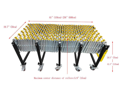 Heavy Duty Portable Conveyor Roller Stand With Adjustable Length And Height Fits Tight Spaces For Moving Big Cartons Super Smooth ABS Skate Wheels, 61-236 inches long, 19.7 inches wide.