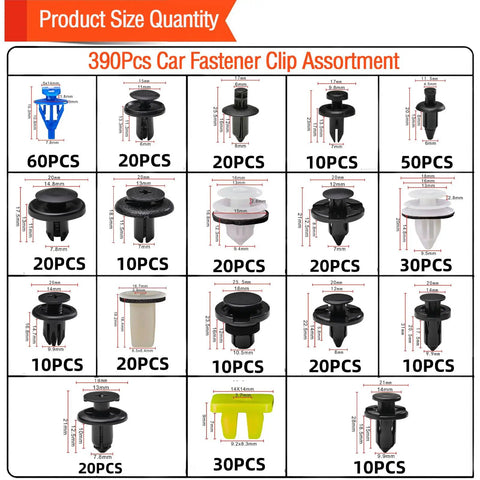 390Pcs Auto Push Rivets Kit With 18 Popular Sizes chart showing quantities and dimensions for Subaru fastener clips