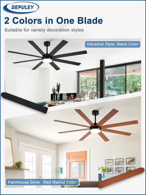 66 Inch Black Ceiling Fan With Lights for Indoor Outdoor Spaces displayed in industrial and farmhouse styles