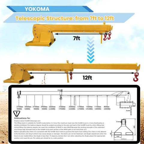 Built Tough Forklift Jib Boom Telescopic Crane Attachment With 0 To 75 Degrees Tilt And 4400 Pound Capacity Dual Steel Hooks 12FT