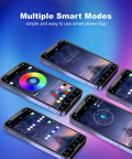 Smartphone apps displaying control features of 32.8Ft RGB LED Strip Lights For Bedroom With Music Sync 5050 Color Changing Tape Lights Remote And App Control Bluetooth And IR Dimmable Easy Install Lit Vibes For TV Party And Ambience Decor.