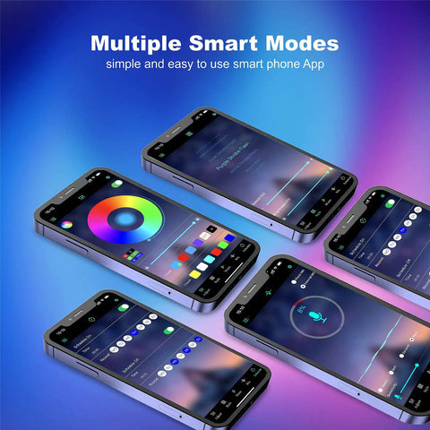 Smartphone apps displaying control features of 32.8Ft RGB LED Strip Lights For Bedroom With Music Sync 5050 Color Changing Tape Lights Remote And App Control Bluetooth And IR Dimmable Easy Install Lit Vibes For TV Party And Ambience Decor.