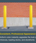 Hardcore Bollard Covers Fit Eight Inch Posts Fifty Six Inches Tall Chunky Hdpe Sleeve Takes On Rough Weather, yellow bollard cover by brick wall.