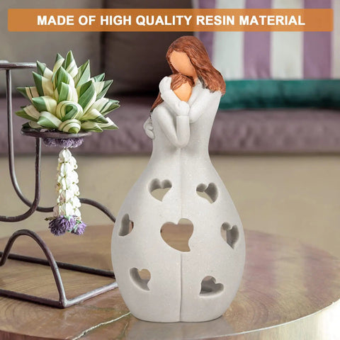 From Daughter To Mom Candle Holder With Flickering LED Flameless Candle, 7.9in hand-painted resin statue with heart cutouts