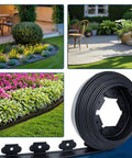Collage of gardens using black 40 ft landscape edging border kit with 40 spikes, flexible recycled plastic for clean flower beds.