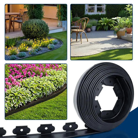 Collage of gardens using black 40 ft landscape edging border kit with 40 spikes, flexible recycled plastic for clean flower beds.
