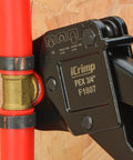 Angle PEX Crimp Tool in use on 3/4 in copper crimp rings and barbed fittings, demonstrating secure installation.