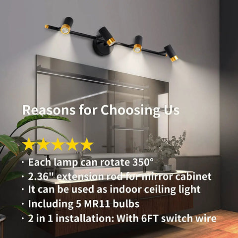 Dope Four Light Black Vanity Lights Over Mirror With Plug In Cord Sleek Industrial Wall Sconce For Bathroom And Kitchen Island Plug In Track Lighting Includes Bulbs 900 Lumen Output 28 Inch Length