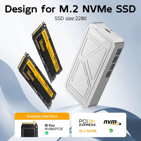 Heavy Duty M2 Nvme Enclosure With Badass Cooling Fan 40 Gbps Usb 4 Hard Drive Case with two 2280 NVMe SSDs shown.