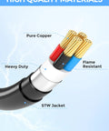 Heavy Duty 4 Prong Generator To Rv Adapter Cord 30 Amp To 50 Amp Nema L1430P To 1450R showing pure copper wires and STW jacket.