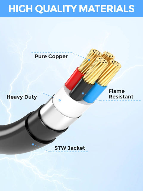 Heavy Duty 4 Prong Generator To Rv Adapter Cord 30 Amp To 50 Amp Nema L1430P To 1450R showing pure copper wires and STW jacket.