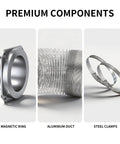 Magnetic Dryer Vent Connector Kit with Aluminum Alloy Shell showing magnetic ring, aluminum duct, and steel clamps