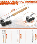 Heavy Duty 4 Piece BBQ Tool Set With Stainless Steel Spatula Tongs Fork And Cleaning Brush Wood Handle Outdoor Grill Utensils Kit Perfect Dad Gift For Backyard Grillin And Summer Cookouts shown with dimensions