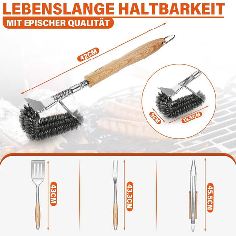 Heavy Duty 4 Piece BBQ Tool Set With Stainless Steel Spatula Tongs Fork And Cleaning Brush Wood Handle Outdoor Grill Utensils Kit Perfect Dad Gift For Backyard Grillin And Summer Cookouts shown with dimensions