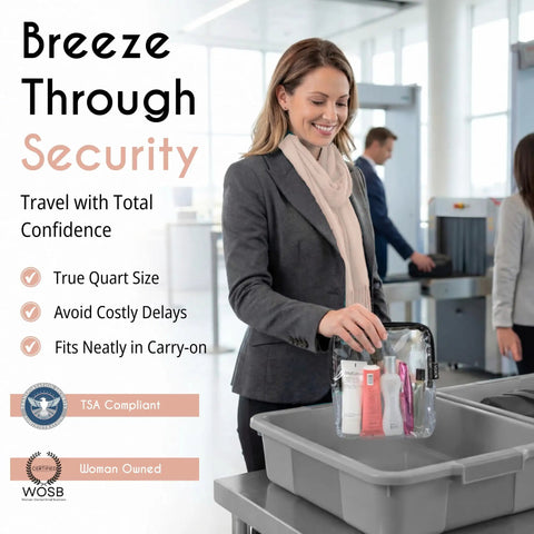 Woman in suit holding Airport-Ready TSA Approved Toiletry Bag For Carry-On Travel at security checkpoint.