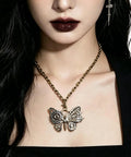 Chic Vintage Punk Butterfly Necklace With Mechanical Gears Alloy Jewelry For Daily Streetwear And Rock Concert Cosplay Look Adjustable Chain Lightweight Design worn by model with dark lips.