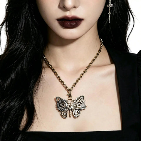 Chic Vintage Punk Butterfly Necklace With Mechanical Gears Alloy Jewelry For Daily Streetwear And Rock Concert Cosplay Look Adjustable Chain Lightweight Design worn by model with dark lips.