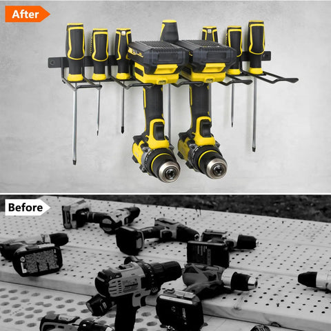 Power Tool Organizer Wall Mount For Cordless Drill And Tools, Heavy Duty Garage Storage Rack with drills and tools in use