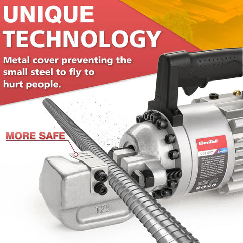 Centall 1 Inch Electric Hydraulic Rebar Cutter RC25 Red with metal cover, slicing 5mm to 25mm steel rods safely and efficiently.
