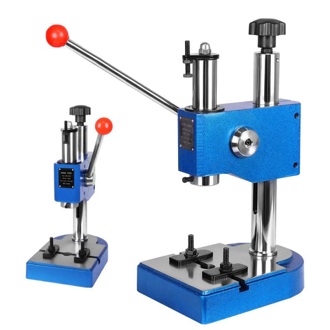 Heavy Duty 0.5 Ton Manual Arbor Press Rock Solid Desktop Workhorse for Precision Metal Stamping, blue with red handle.
