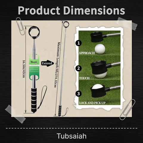 Diagram showing Telescopic Golf Ball Retriever For Water 9ft Extendable Ball Grabber Tool dimensions and use in retrieving ball.