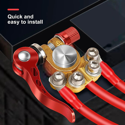 Beefy Pure Copper Battery Terminal Connectors 4 Way Quick Release 1 Pair installed on battery post showing red cables and quick-release lever.