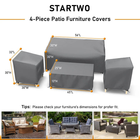 Outdoor Waterproof Patio Furniture Covers 4 Piece Set for Chairs Loveseat and Coffee Table with dimensions and grey 600D fabric
