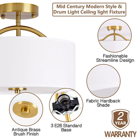 13 Inch Mid Century Modern Flush Mount Ceiling Light With Cream White Fabric Shade And Antique Brass Finish 3 Light Drum Fixture For Bedroom Dining Room Foyer And Kitchen, showing fabric shade and brass detailing.