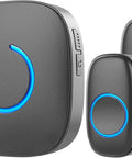 Wireless Doorbell System for Home With 1000 Feet Range Battery Operated LED Flash Includes Two Door Bell Ringers and One Plug In Chime Receiver Easy Setup No Hassle Matte Black, showing blue LED ring detail on both units.