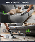 Portable Cordless Handheld Vacuum Cleaner 4 In 1 Mini Vacuum cleaning sofa with cat nearby, showing dust, cat litter, pet hair removal.