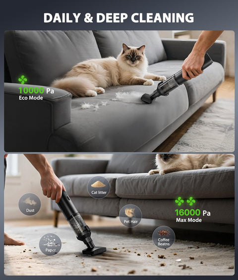 Portable Cordless Handheld Vacuum Cleaner 4 In 1 Mini Vacuum cleaning sofa with cat nearby, showing dust, cat litter, pet hair removal.