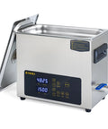 Heavy Duty Six Liter Ultrasonic Cleaner Featuring Built In Heater And Dual Frequency Sweep Tech For Effortless One Touch Degreasing Of Jewelry Carburetor Dentures And Greasy Auto Parts, steel basin with control panel.
