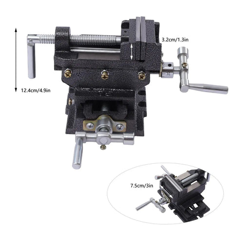 Heavy-Duty X-Y Compound Cross Slide Vise with Precision Scale, showing dimensions and features for metalworking projects.