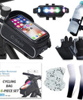 6 Piece Bike Accessories Kit For Men And Women Including Cycling Bag Bicycle Bag Gloves Waterproof Tail Light Ride Ready Mountain Road Gear And A Touch Screen Phone Holder With Responsive Window displayed on a bike
